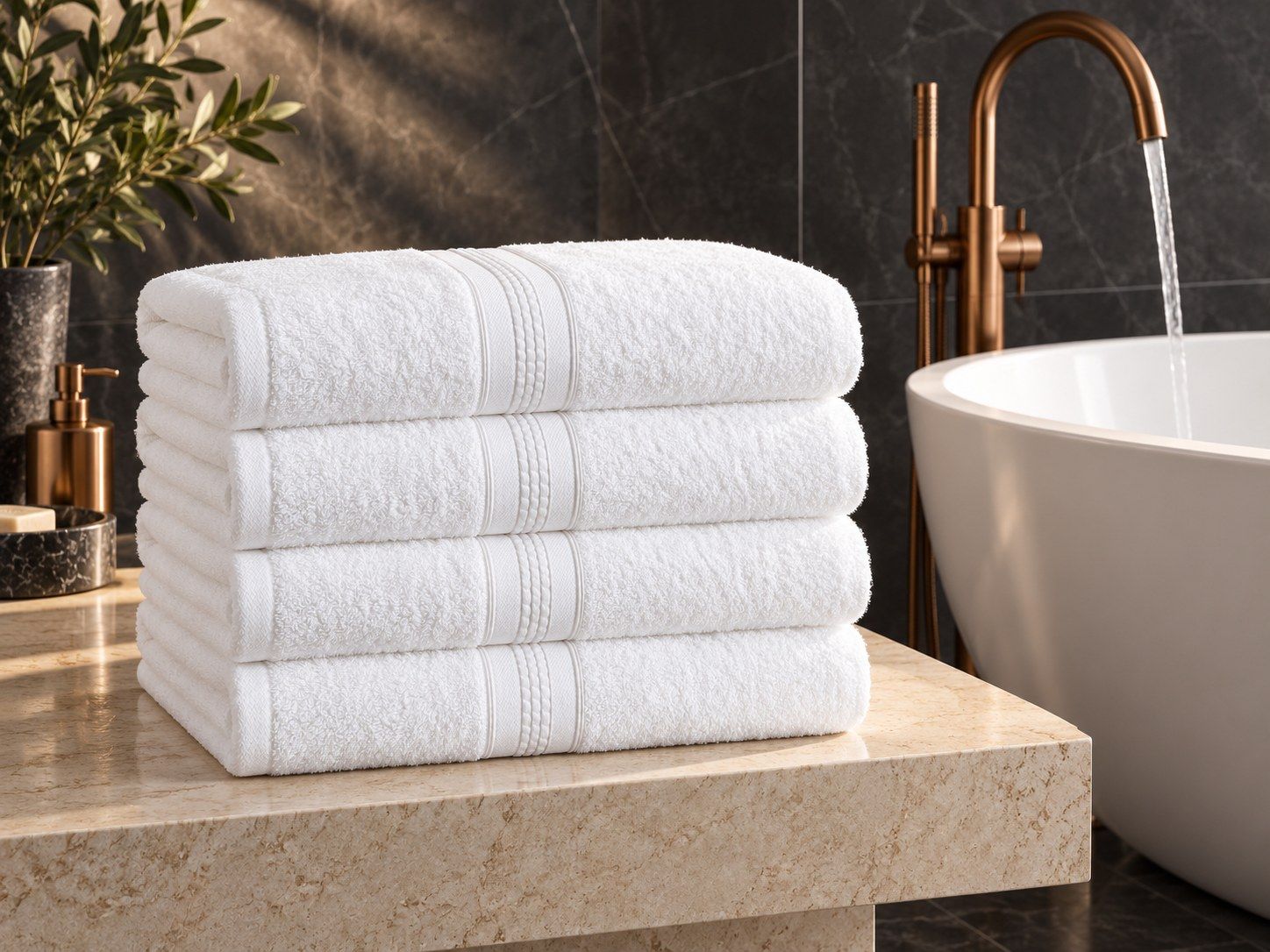 Four plain white hotel towels stacked on stone beside a bath.