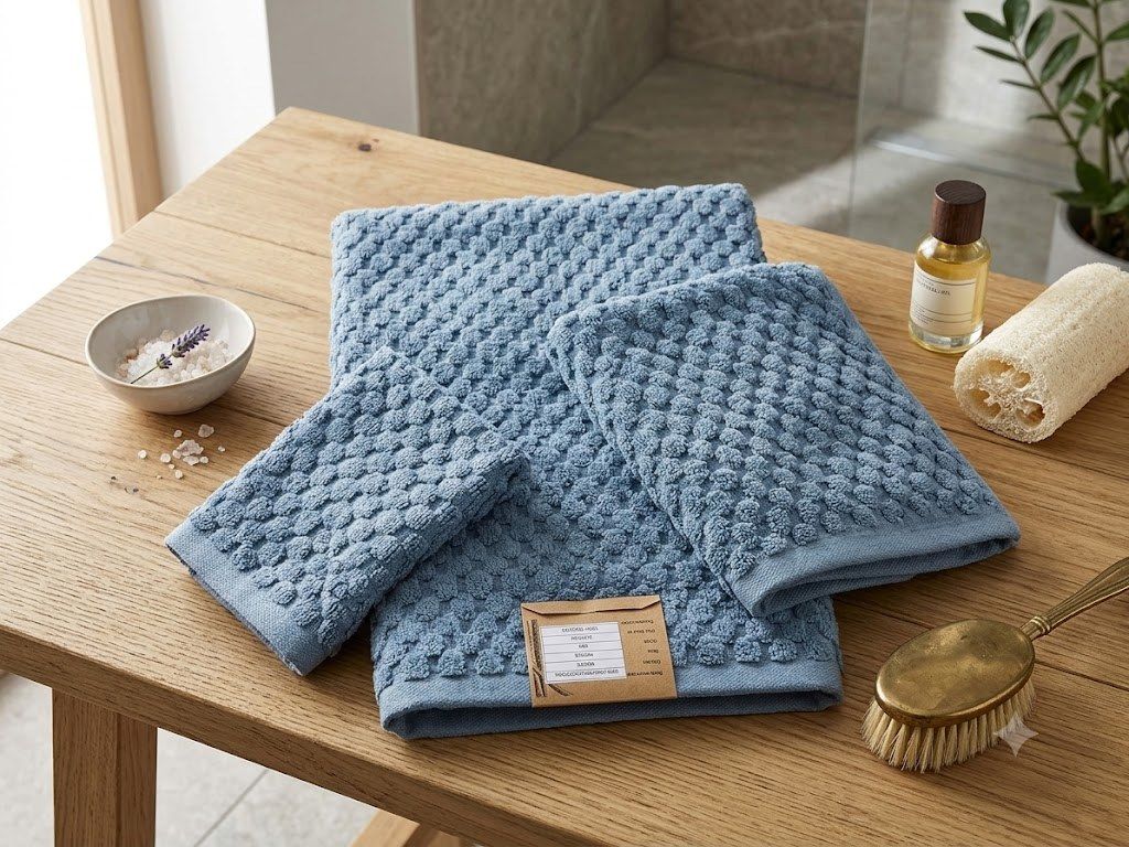 A blue bath towel set, folded and banded as it would reach a shelf.