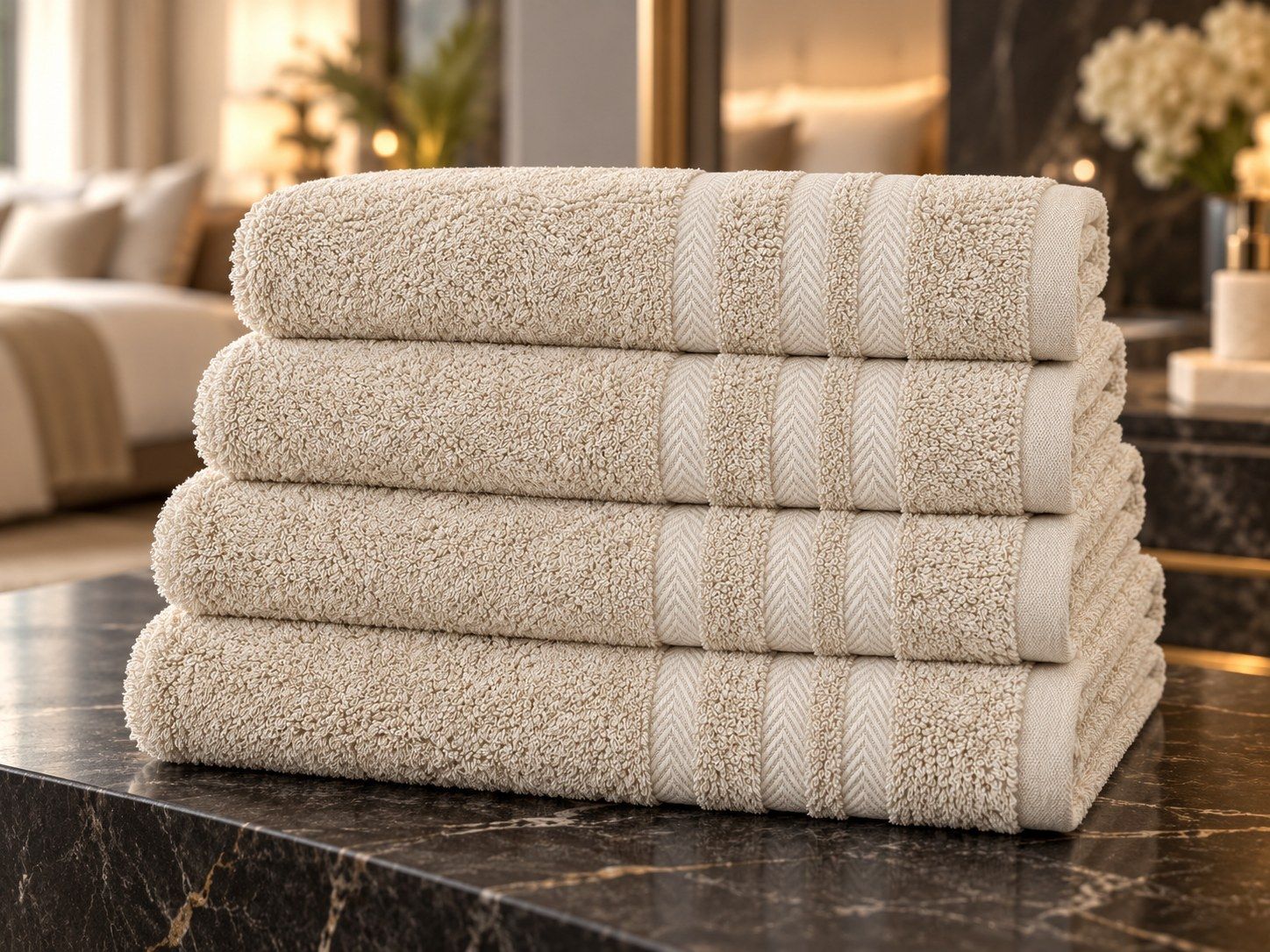 A stack of four cream bath towels with a woven border.