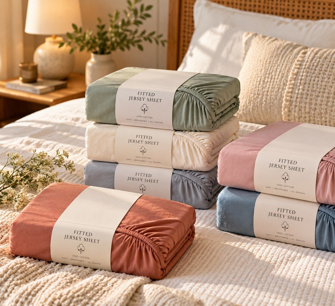 Folded cotton jersey sheet sets stacked on a made bed.
