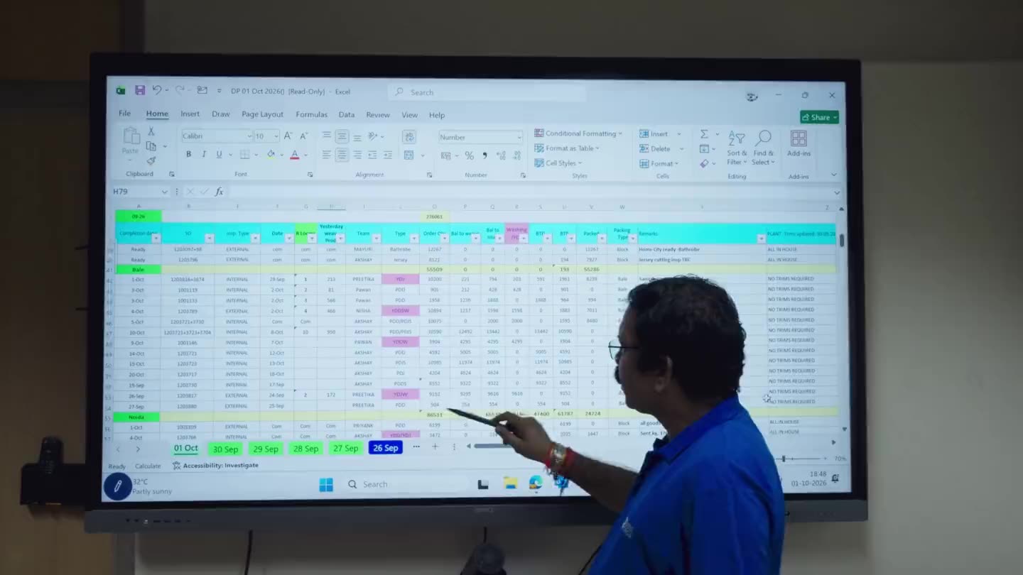 The production plan on screen, and a piece checked by hand against it.