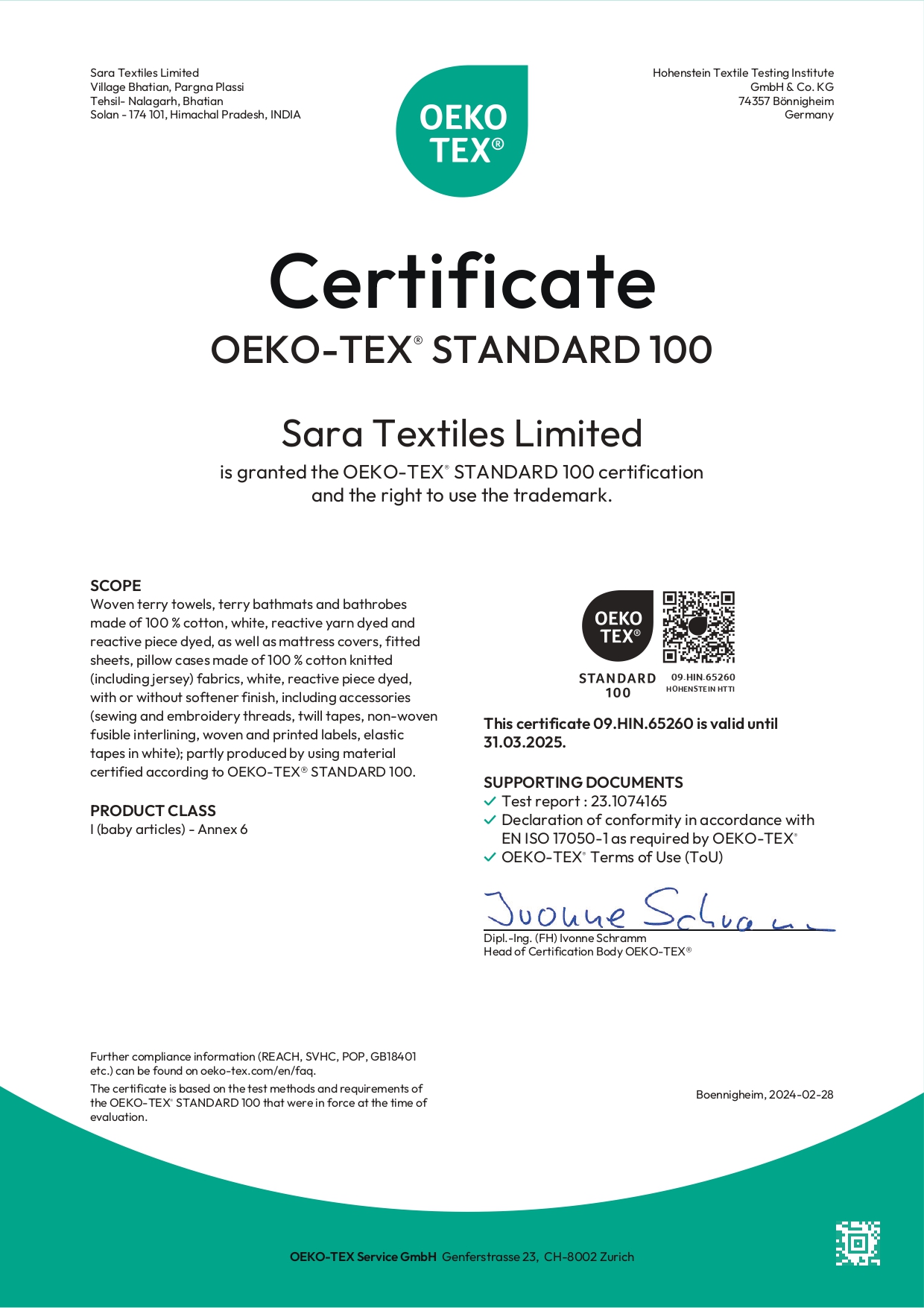 OEKO-TEX Standard 100 (Hohenstein) — 09.HIN.65260